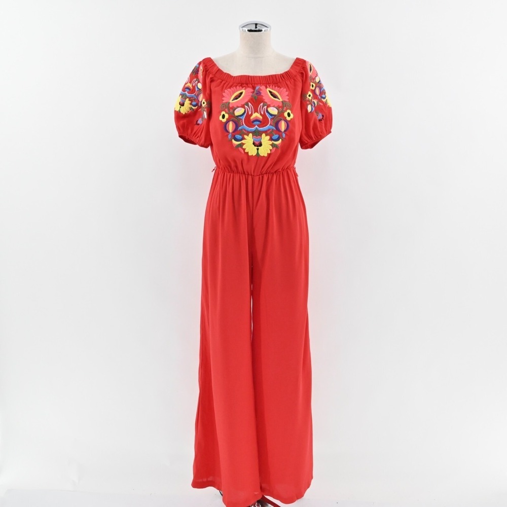 VAVA Joy Han Womens Embroidered Jumpsuit Size S Red Wide Leg Off Shoulder Floral